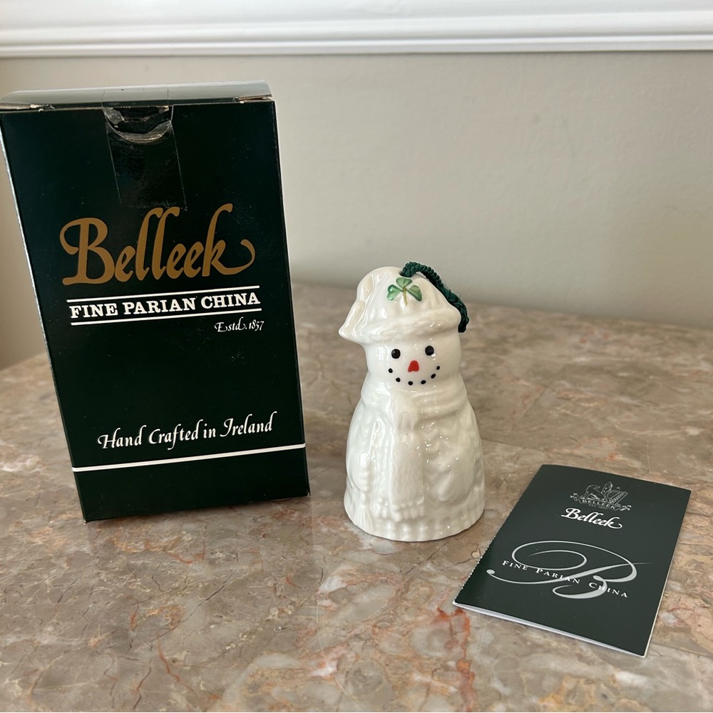 Belleek Aran Irish Sweater Snowman Bell Ornament Fine Parian China Vintage